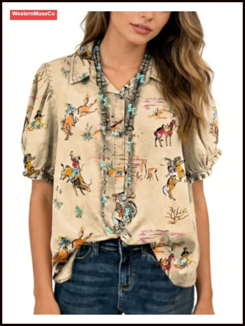 Western Cowboy Print Puff Sleeve V-Neck Button Blouse